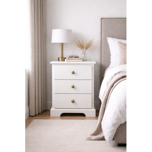 HADRIAN SOLID PINE 3 DRAWER BEDSIDE CABINET IN WHITE