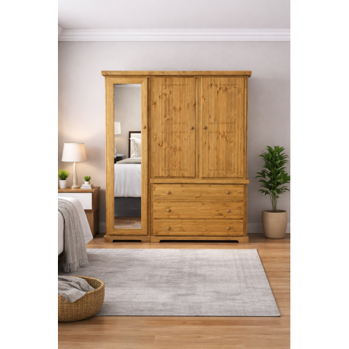 HADRIAN SOLID PINE 3 DRAWER TRIPLE FULL MIRRORED WARDROBE IN LIGHT ANTIQUE WAX