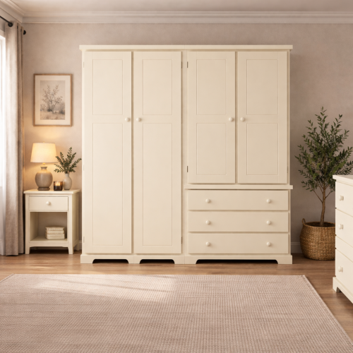 HADRIAN SOLID PINE 4 DOOR 3 DRAWER QUAD WARDROBE IN IVORY HADRIAN SOLID PINE 4 DOOR 3 DRAWER QUAD WARDROBE IN IVORY