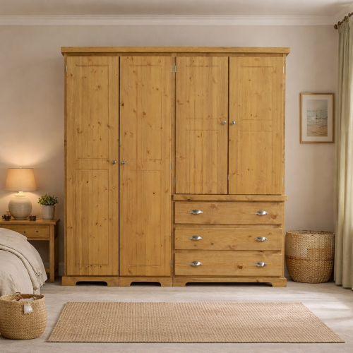 HADRIAN SOLID PINE 4 DOOR 3 DRAWER WARDROBE IN LIGHT OAK WAX