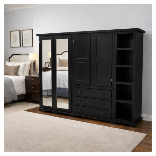 HADRIAN SOLID PINE 4 DOOR 3 DRAWER MIRRORED WARDROBE WITH BOOKCASE IN BLACK