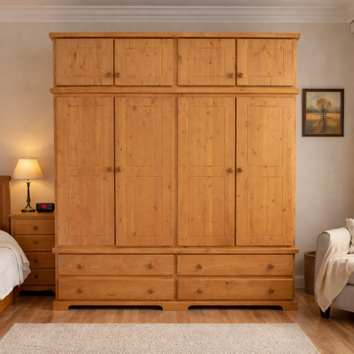 HADRIAN SOLID PINE 4 DOOR 4 DRAWER WARDROBE WITH TOPBOX IN LIGHT OAK WAX HADRIAN SOLID PINE 4 DOOR 4 DRAWER WARDROBE WITH TOPBOX IN LIGHT OAK WAX