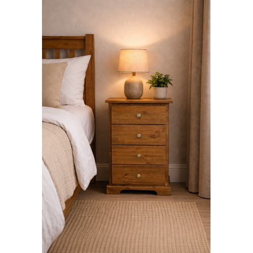 HADRIAN SOLID PINE 4 DRAWER BEDSIDE CABINET IN GOLDEN OAK POLISHED