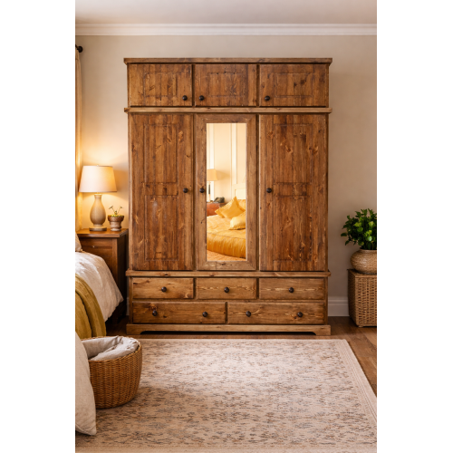 HADRIAN SOLID PINE 5 DRAWER MIRRORED TRIPLE WARDROBE WITH TOPBOX IN KENILWORTH OAK WAX
