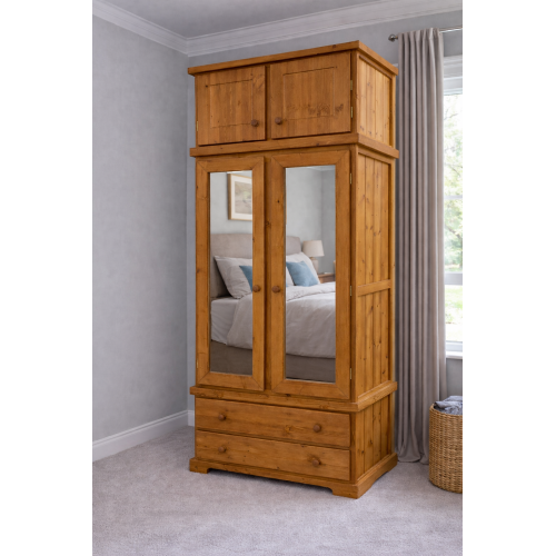 HADRIAN SOLID PINE 2 DRAWER DOUBLE MIRRORED WARDROBE WITH TOPBOX HADRIAN SOLID PINE 2 DRAWER DOUBLE MIRRORED WARDROBE WITH TOPBOX