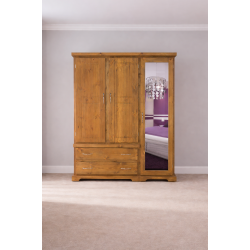 HADRIAN SOLID PINE TRIPLE FULL MIRRORED SHELVED WARDROBE IN OLD ANTIQUE WAX