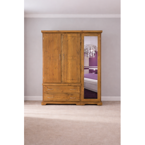 HADRIAN SOLID PINE TRIPLE FULL MIRRORED SHELVED WARDROBE IN OLD ANTIQUE WAX