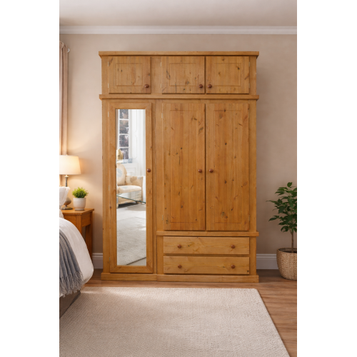 NUMERIAN PINE TRIPLE FULL MIRRORED WARDROBE WITH TOPBOXES