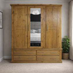 NUMERIAN PINE TRIPLE 4 DRAWER MIRRORED SHELVED WARDROBE