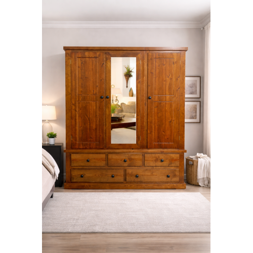 NUMERIAN PINE TRIPLE 5 DRAWER MIRRORED WARDROBE