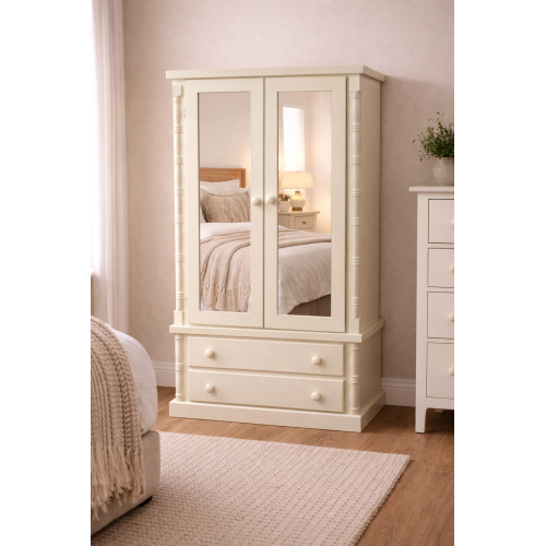 VALERIAN SOLID PINE 2 DRAWER DOUBLE MIRRORED WARDROBE