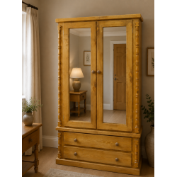 VALERIAN SOLID PINE 2 DRAWER DOUBLE MIRRORED WARDROBE