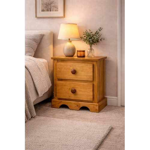 SCIPIO SOLID PINE 2 DRAWER BEDSIDE CABINET IN LIGHT OAK POLISHED