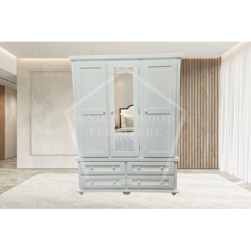 NERO SOLID PINE 4 DRAWER TRIPLE MIRRORED WARDROBE IN WHITE