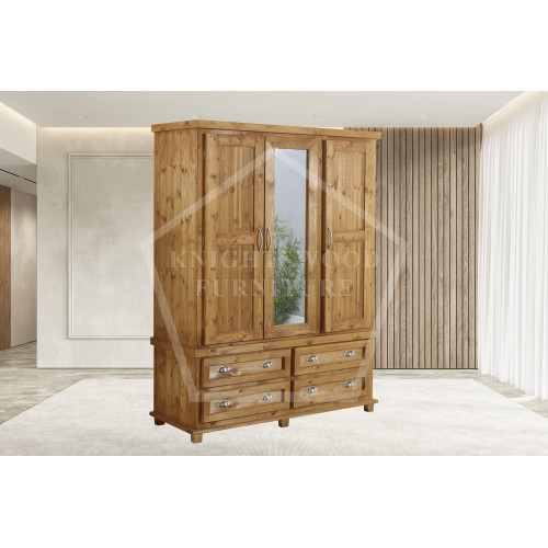 NERO SOLID PINE 4 DRAWER TRIPLE MIRRORED WARDROBE IN LIGHT OAK WAX