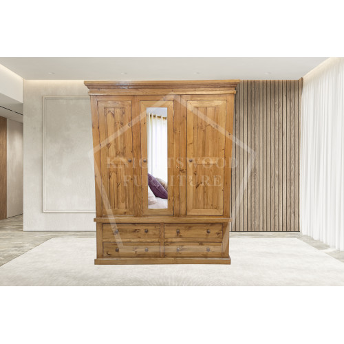 AUGUSTUS SOLID PINE TRIPLE MIRRORED 4 DRAWER WARDROBE IN LIGHT OAK POLISHED