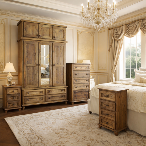NERO SOLID PINE TRIPLE 4 PIECE BEDROOM SET IN MEDIUM OAK WAX
