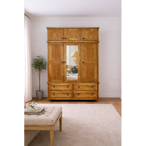 NERO TRIPLE 4 DRAWER MIRRORED WARDROBE WITH TOPBOX IN LIGHT OAK WAX