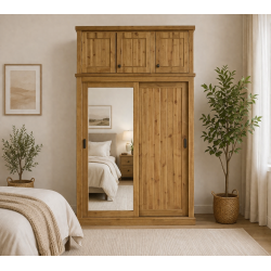 COMMODUS SLIDER SOLID PINE MIRRORED WARDROBE WITH TOPBOX IN KENILWORTH POLISHED