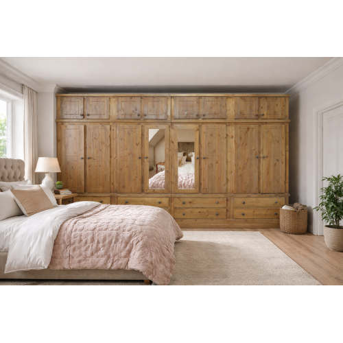 NUMERIAN SOLID PINE 8 DOOR 8 DRAWER SHELVED WARDROBE WITH TOPBOX